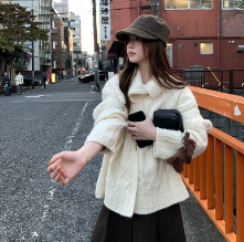 藏蓝色美式学院风针织开衫女秋季小个子修身显瘦短款毛衣外套上衣